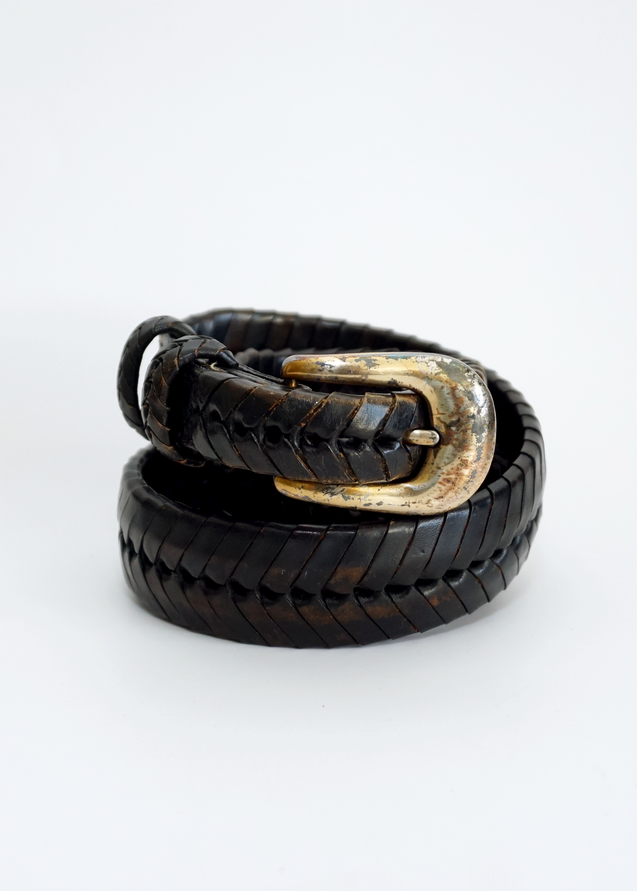 Braided Black Leather Belt w/ Gold Buckle