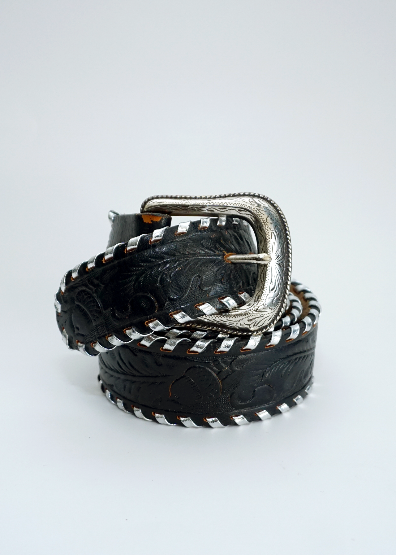 Western Black Wide Leather Belt w/ Silver Details