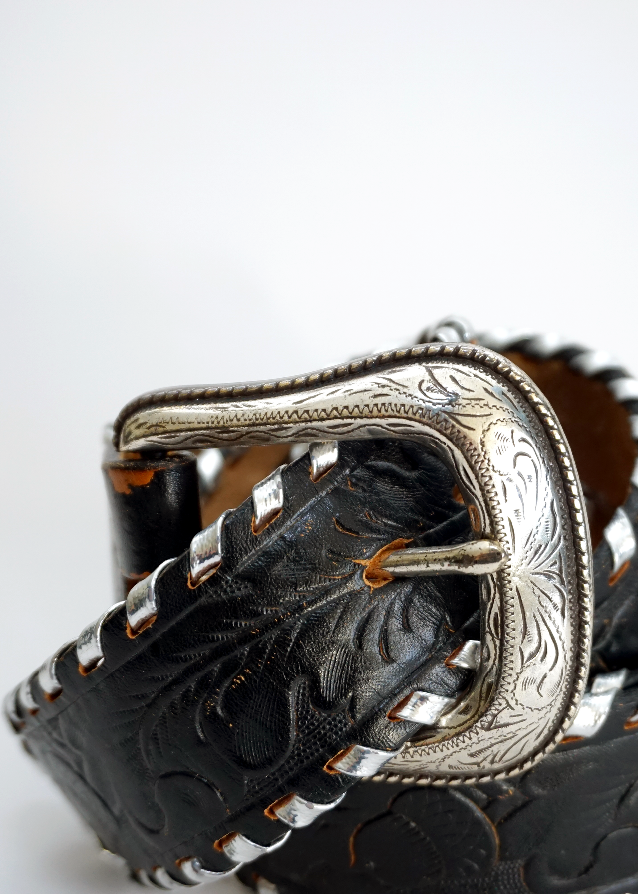 Western Black Wide Leather Belt w/ Silver Details