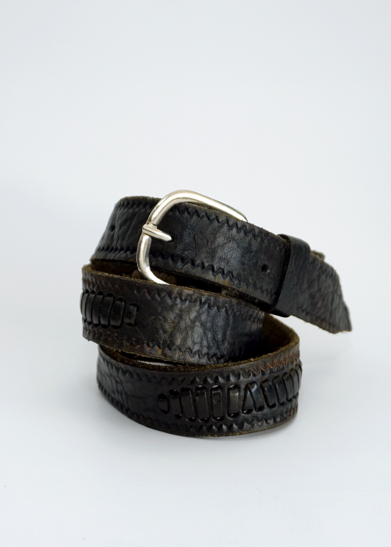 Black Stitched Leather Belt w/ Silver Buckle