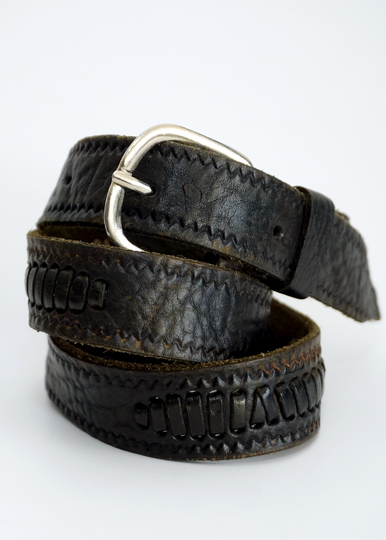 Black Stitched Leather Belt w/ Silver Buckle