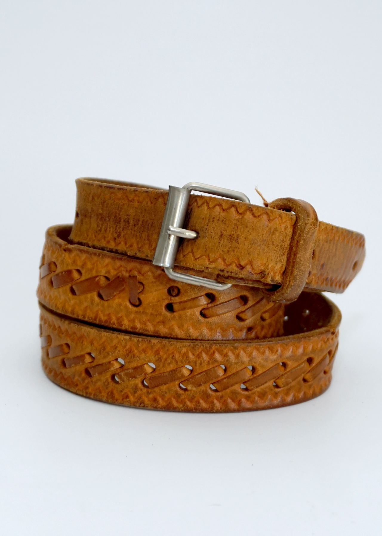 Brown Stitched Leather Belt w/ Silver Buckle