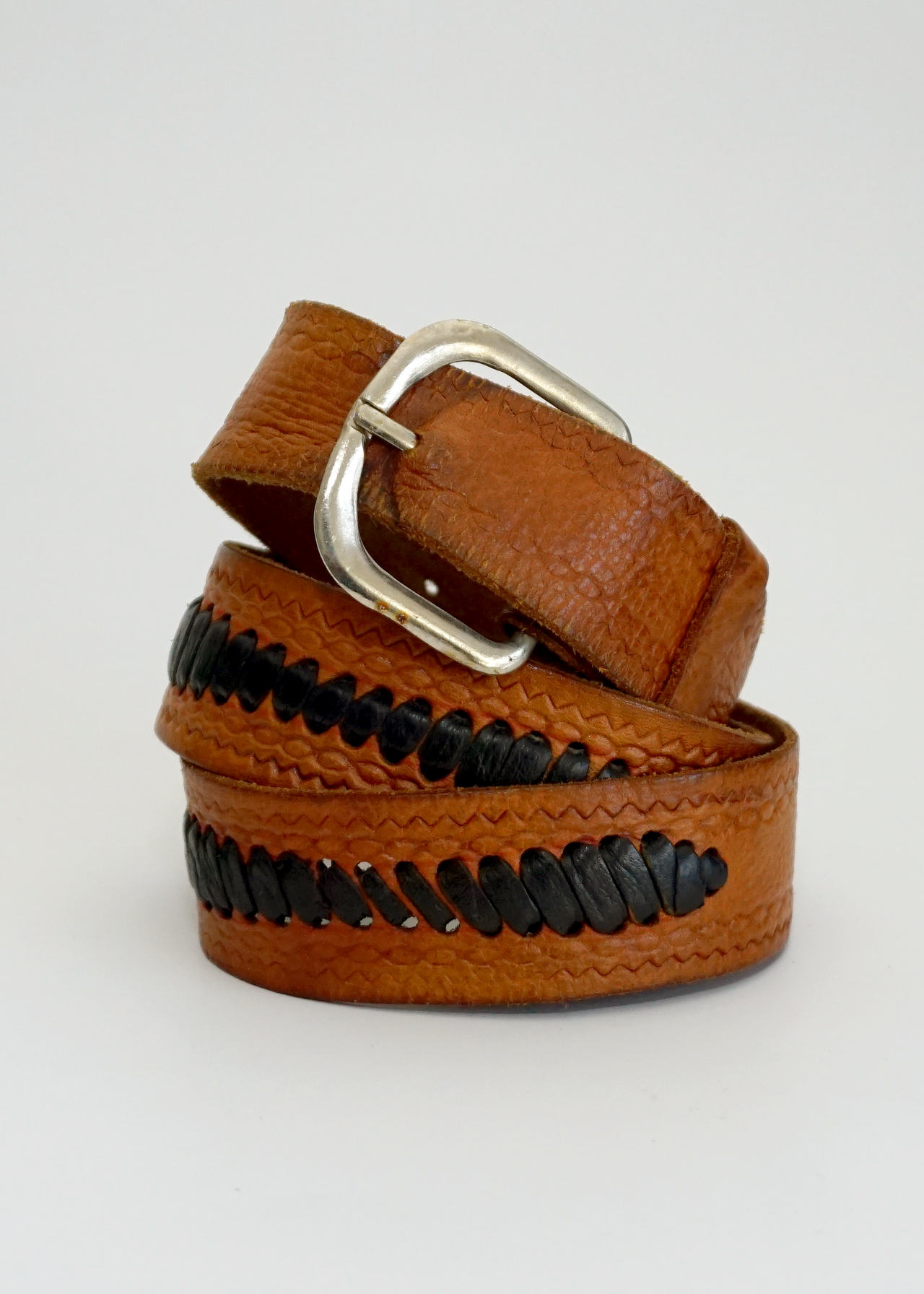 Brown Stitched Leather Belt w/ Silver Buckle