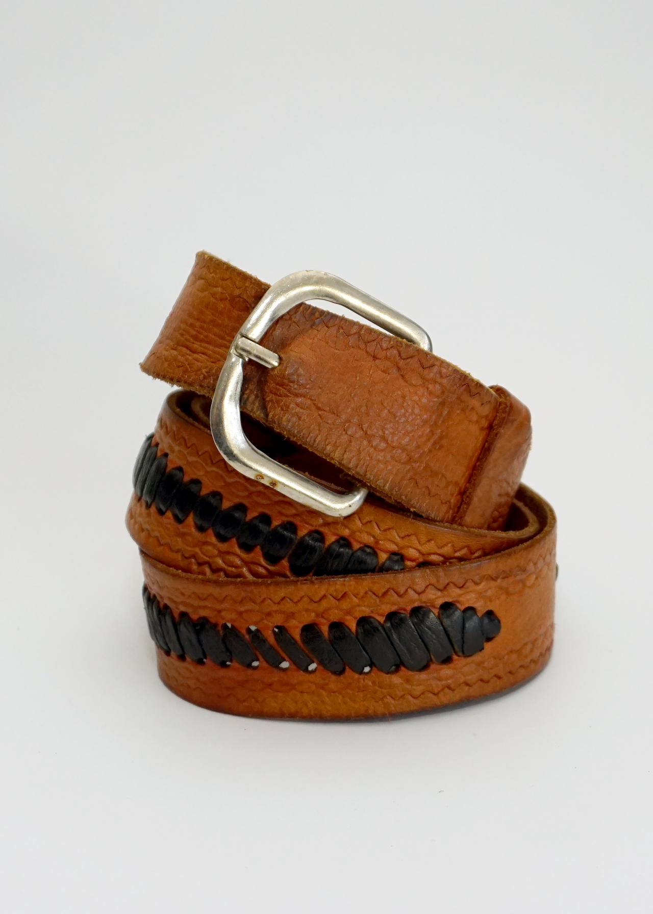 Brown Stitched Leather Belt w/ Silver Buckle