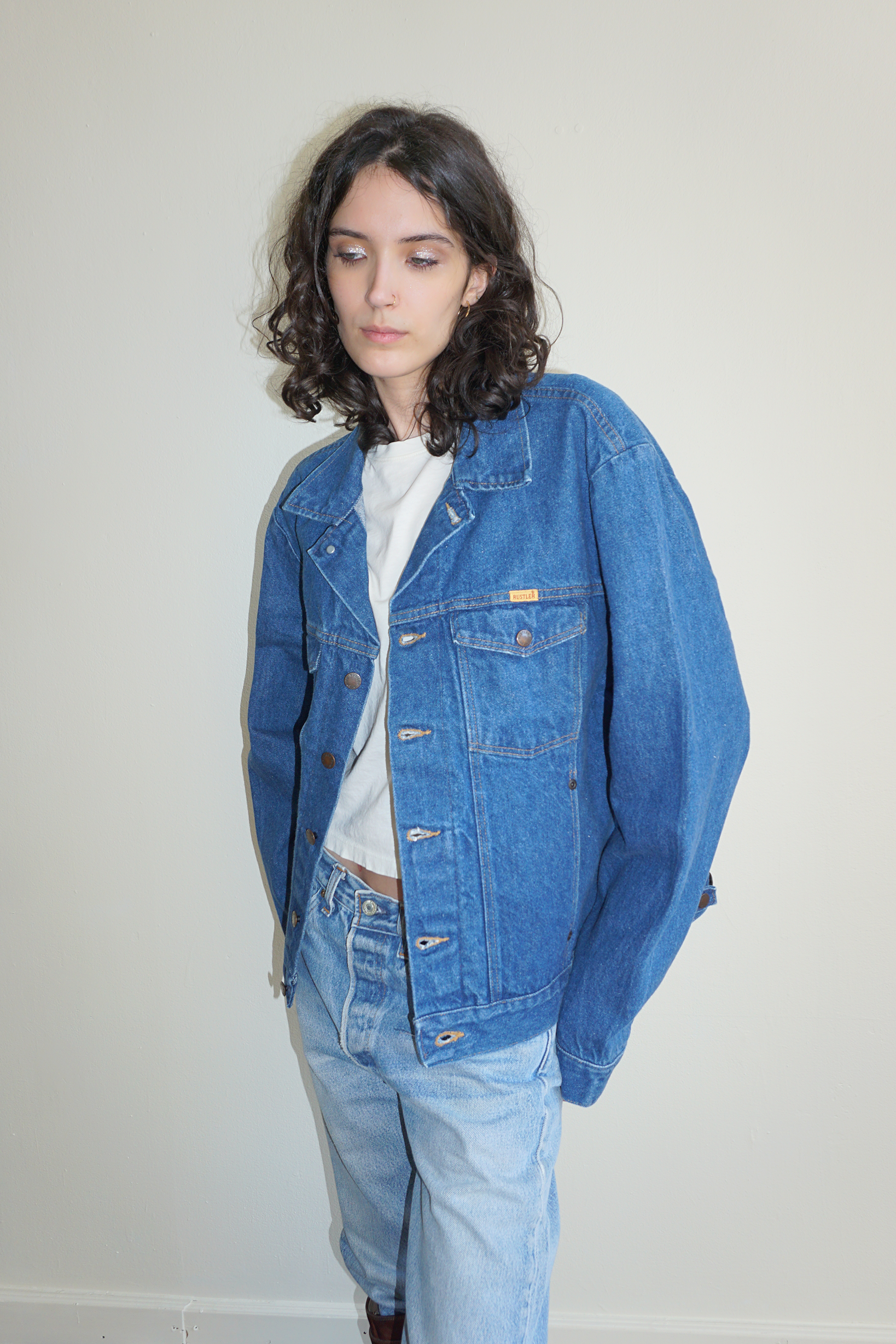 Faded Dark Wash Rustler Denim Jacket SZ Large